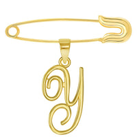 Load image into Gallery viewer, 14k Yellow Gold Elegant Script Letter Cursive Initial Charm with Safety Pin Brooch - A to Z
