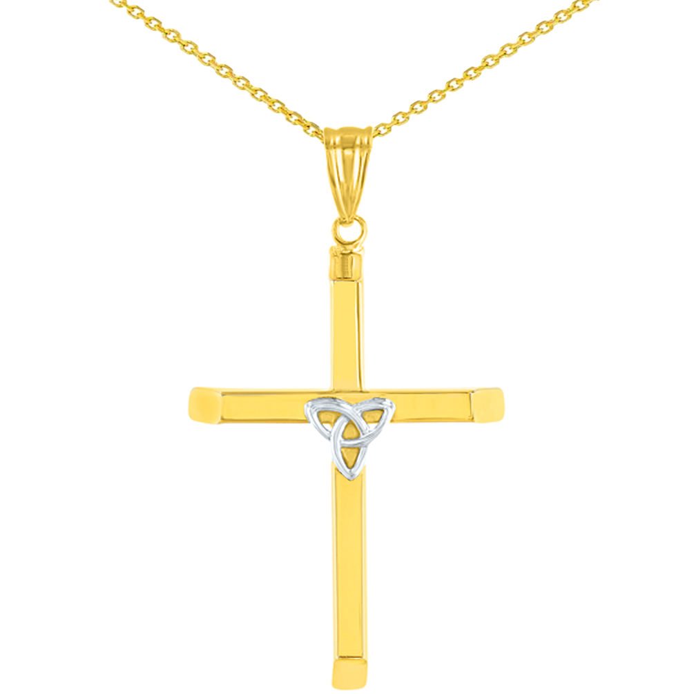 14K Two Tone Gold Plain Celtic Trinity Cross with Triquetra Symbol Pendant with Cable, Cuban Curb, or Figaro Chain Necklaces