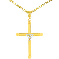 Load image into Gallery viewer, 14K Two Tone Gold Plain Celtic Trinity Cross with Triquetra Symbol Pendant with Cable, Cuban Curb, or Figaro Chain Necklaces
