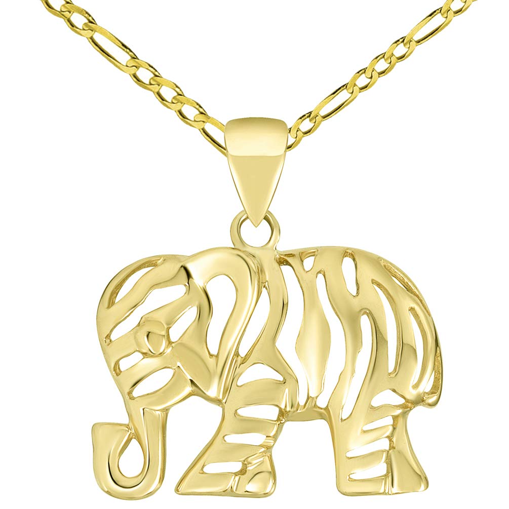 Polished 14K Gold Elegant Elephant Charm Animal Pendant with Figaro Chain Necklace - Yellow Gold