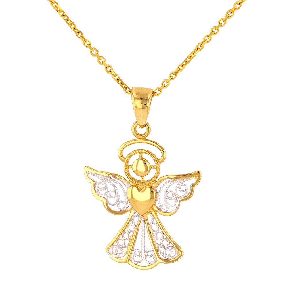 Polished 14K Gold Filigree Angel with Heart Pendant Necklace