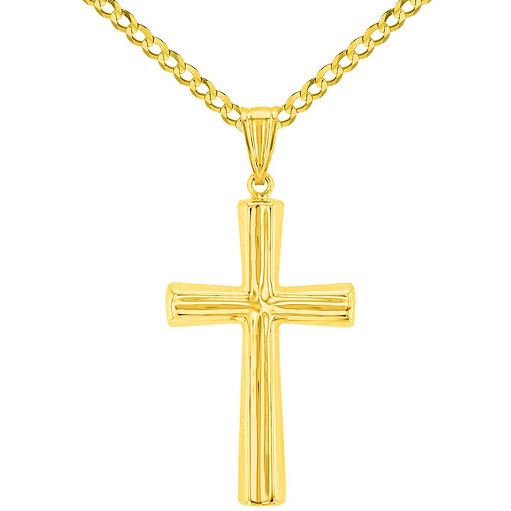 Polished 14K Yellow Gold Plain Religious Cross Pendant with Curb Chain Necklace