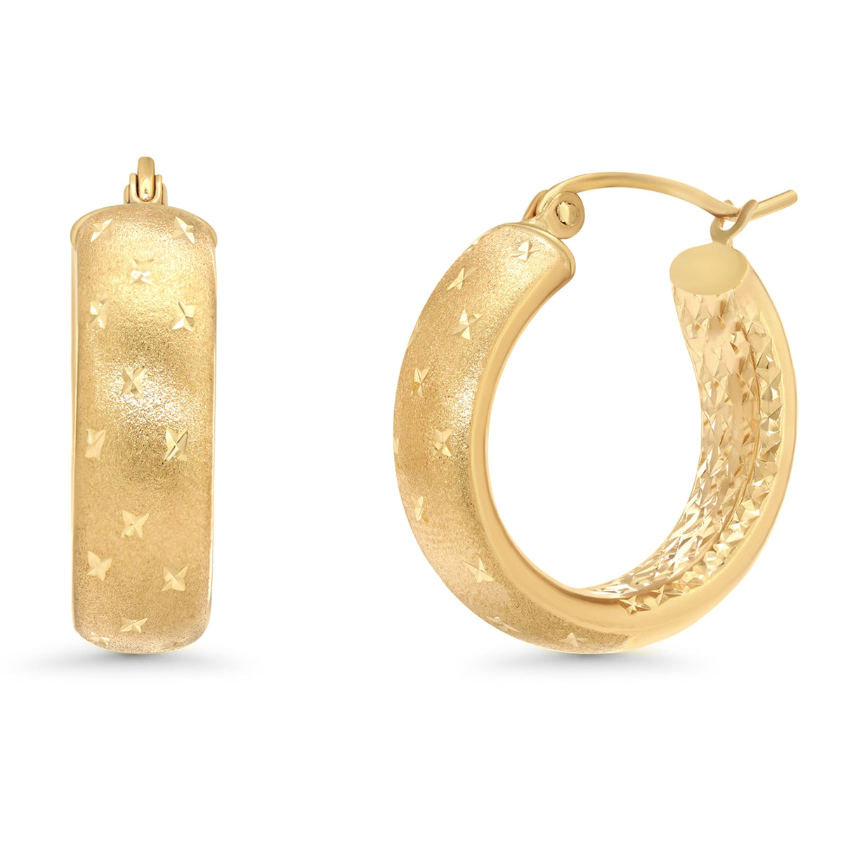 14k Yellow Gold Polished Satin and Textured Hoop Earrings with Latch Back - Diamond-Cut