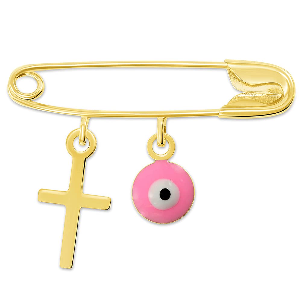 14k Yellow Gold Religious Cross and Pink Evil Eye Charm Safety Pin Brooch