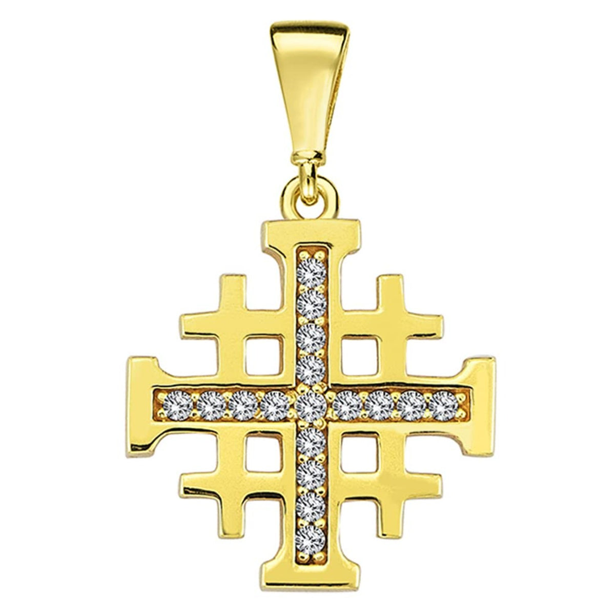 Solid 14k Yellow Gold Religious Crusaders Jerusalem Cross Pendant with Cubic-Zirconia