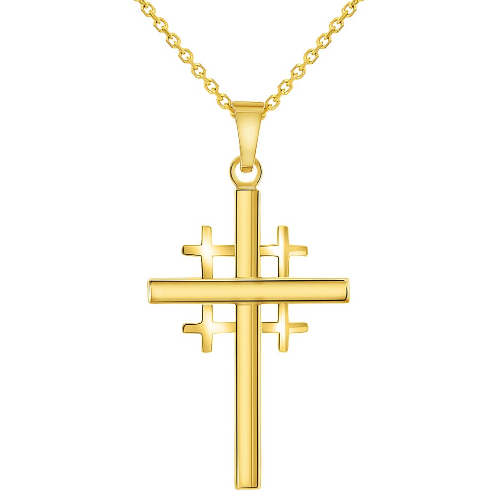 14k Yellow Gold Religious Crusaders Jerusalem Latin Plain Cross Pendant With Cable, Curb or Figaro Chain Necklace