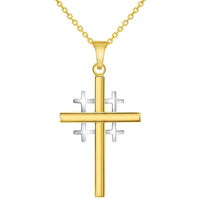 Load image into Gallery viewer, 14k Two-Tone Gold Religious Crusaders Jerusalem Latin Plain Cross Pendant With Cable, Curb or Figaro Chain Necklace
