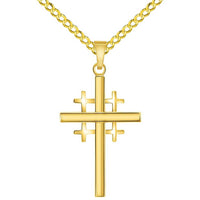 Load image into Gallery viewer, 14k Yellow Gold Religious Crusaders Jerusalem Latin Plain Cross Pendant With Cable, Curb or Figaro Chain Necklace
