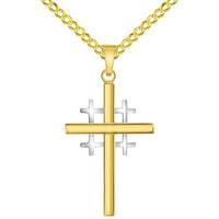 Load image into Gallery viewer, 14k Two-Tone Gold Religious Crusaders Jerusalem Latin Plain Cross Pendant With Cable, Curb or Figaro Chain Necklace
