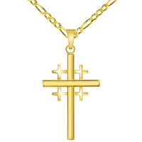 Load image into Gallery viewer, 14k Yellow Gold Religious Crusaders Jerusalem Latin Plain Cross Pendant With Cable, Curb or Figaro Chain Necklace
