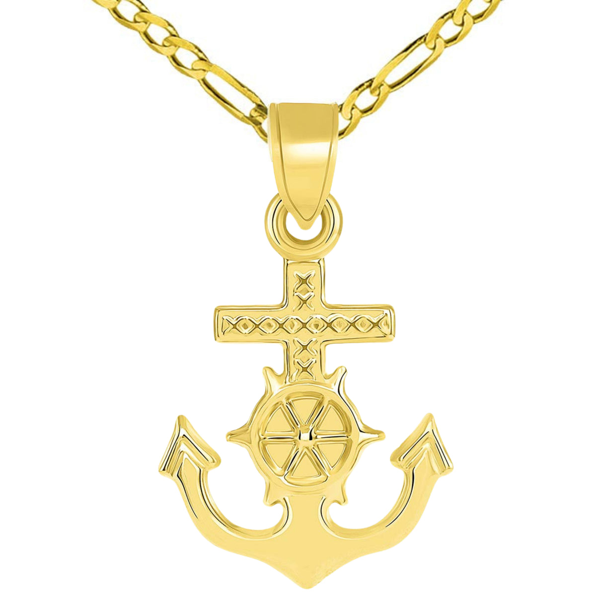 14k Gold Religious Nautical 3D Mariner's Cross Pendant Figaro Necklace - Yellow Gold