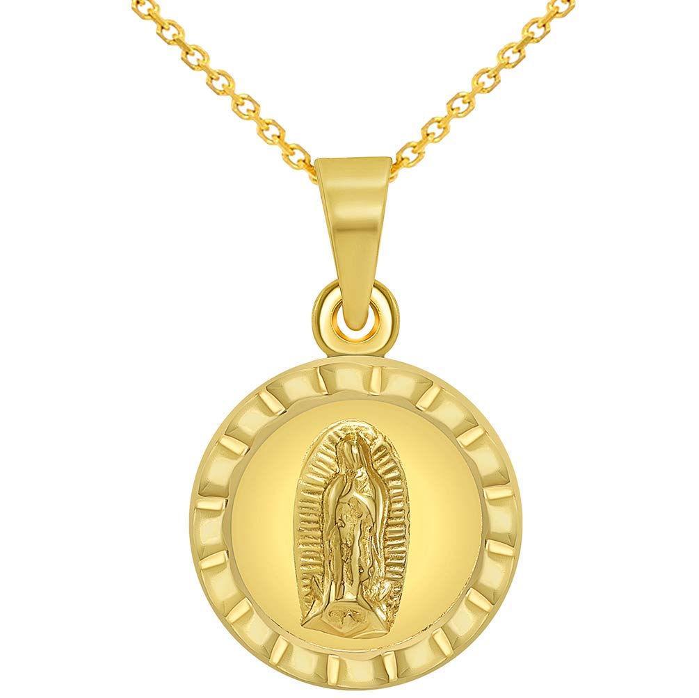 14k Yellow Gold Reversible Mini Guadalupe and Sacred Heart of Jesus Medallion Charm Pendant Necklace
