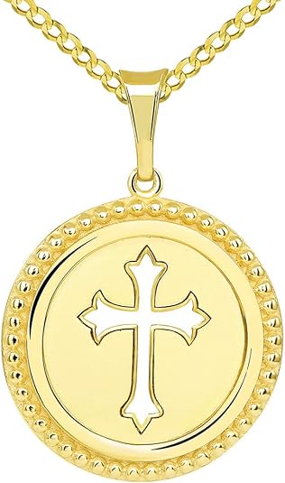 14k Gold Reversible Open Christian Cross Medallion Pendant with Cuban Concave Curb Necklace - Yellow Gold