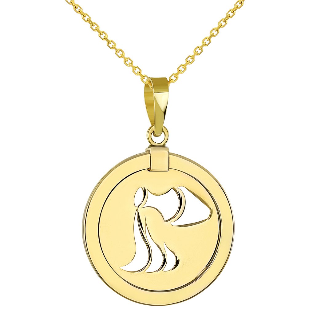 14K Yellow Gold Reversible Round Aquarius Zodiac Sign Pendant With Cable, Curb or Figaro Chain Necklace