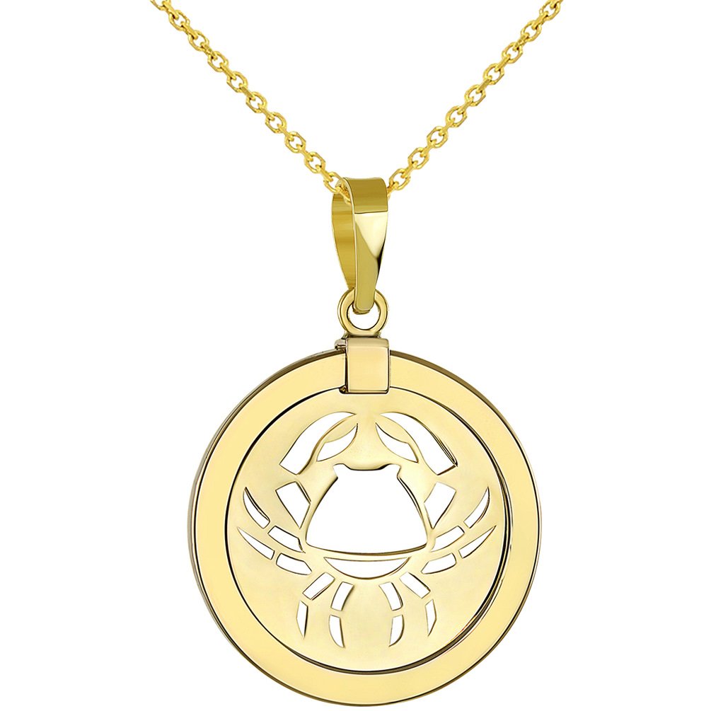 14K Yellow Gold Reversible Round Cancer Crab Zodiac Sign Pendant With Cable, Curb or Figaro Chain Necklace