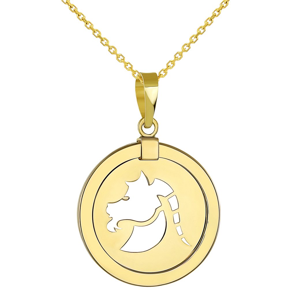 14K Yellow Gold Reversible Round Capricorn Goat Zodiac Sign Pendant With Cable, Curb or Figaro Chain Necklace