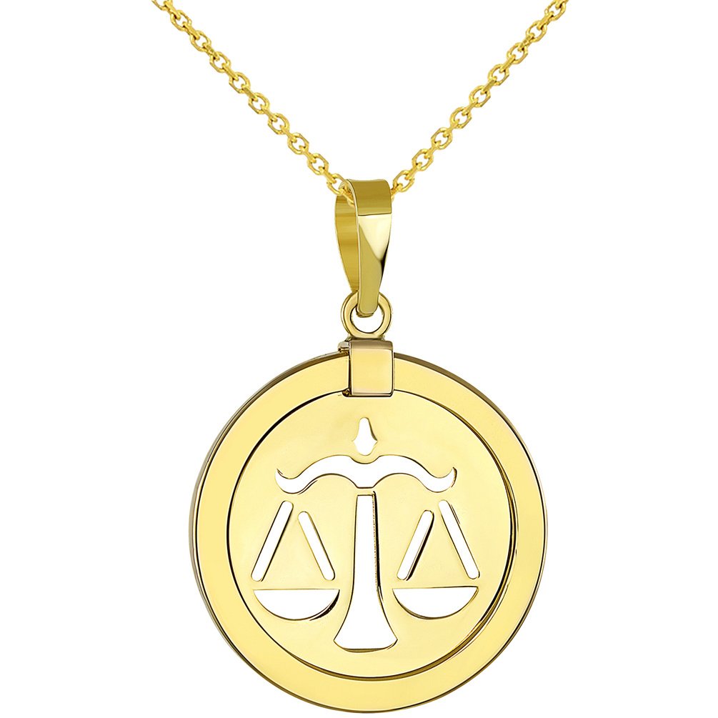 14K Yellow Gold Reversible Round Libra Scale Zodiac Sign Pendant With Cable, Curb or Figaro Chain Necklace