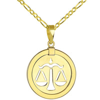 Load image into Gallery viewer, 14K Yellow Gold Reversible Round Libra Scale Zodiac Sign Pendant With Cable, Curb or Figaro Chain Necklace
