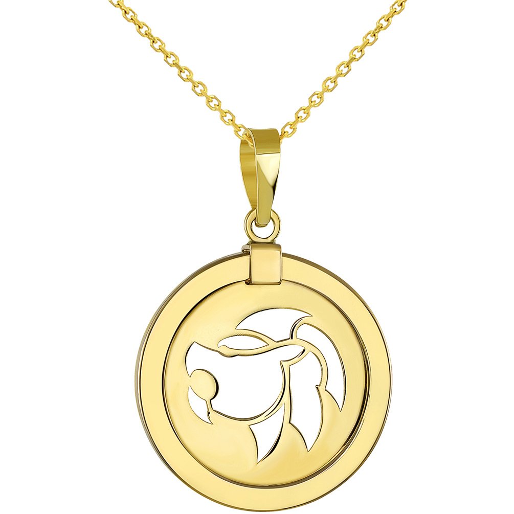 14K Yellow Gold Reversible Round Lion Leo Zodiac Sign Pendant With Cable, Curb or Figaro Chain Necklace