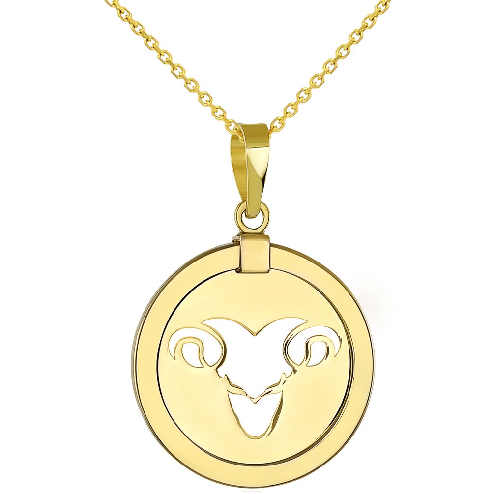 14K Yellow Gold Reversible Round Ram Aries Zodiac Sign Pendant With Cable, Curb or Figaro Chain Necklace