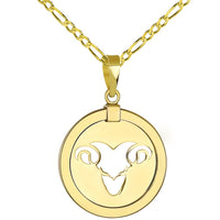 Load image into Gallery viewer, 14K Yellow Gold Reversible Round Ram Aries Zodiac Sign Pendant With Cable, Curb or Figaro Chain Necklace
