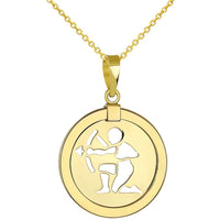 Load image into Gallery viewer, 14K Yellow Gold Reversible Round Sagittarius Zodiac Sign Pendant With Cable, Curb or Figaro Chain Necklace
