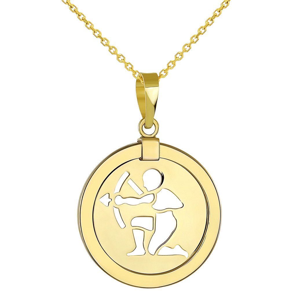 14K Yellow Gold Reversible Round Sagittarius Zodiac Sign Pendant With Cable, Curb or Figaro Chain Necklace