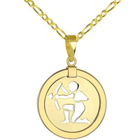 Load image into Gallery viewer, 14K Yellow Gold Reversible Round Sagittarius Zodiac Sign Pendant With Cable, Curb or Figaro Chain Necklace
