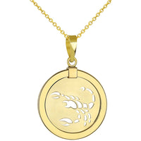 Load image into Gallery viewer, 14K Yellow Gold Reversible Round Scorpion Scorpio Zodiac Sign Pendant With Cable, Curb or Figaro Chain Necklace
