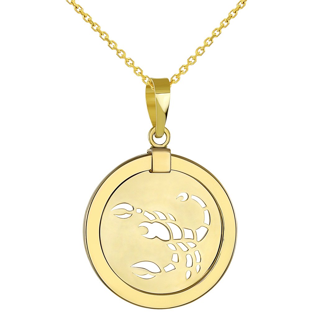 14K Yellow Gold Reversible Round Scorpion Scorpio Zodiac Sign Pendant With Cable, Curb or Figaro Chain Necklace