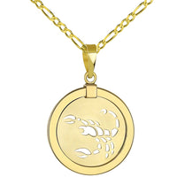 Load image into Gallery viewer, 14K Yellow Gold Reversible Round Scorpion Scorpio Zodiac Sign Pendant With Cable, Curb or Figaro Chain Necklace
