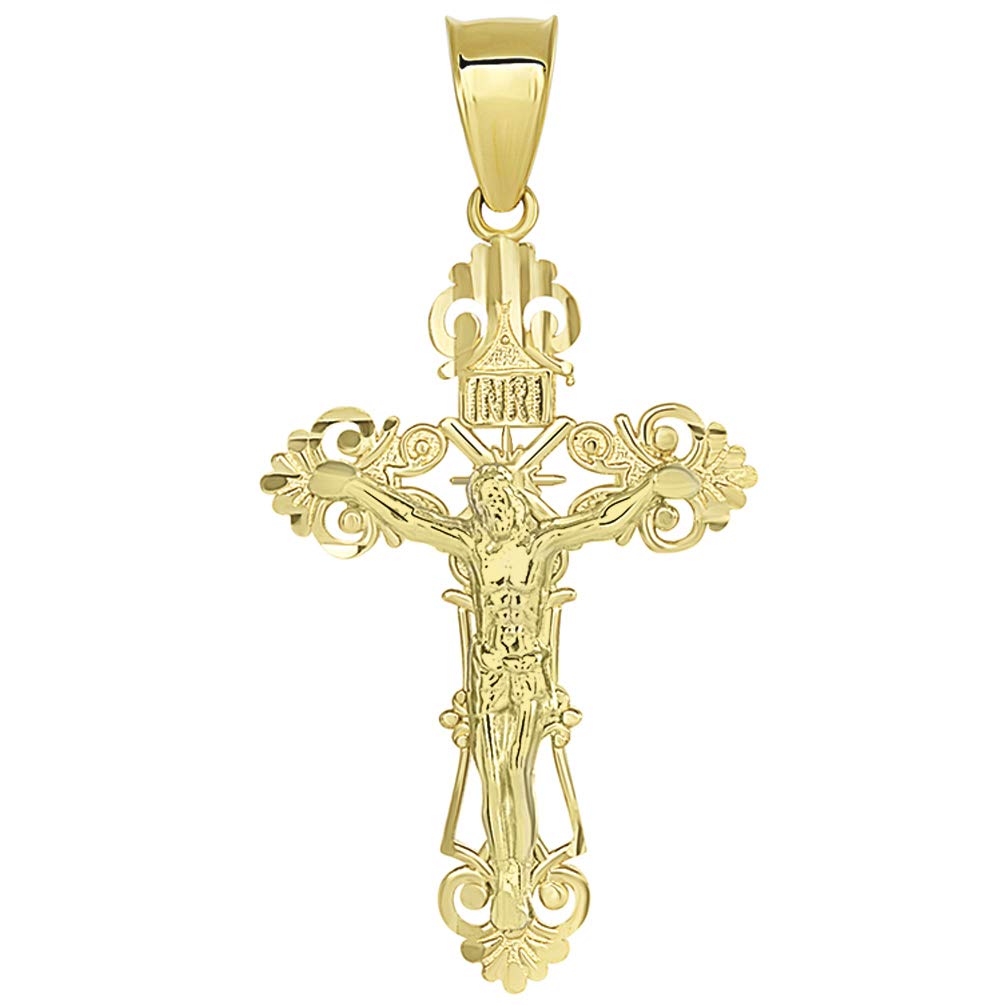Solid 14K Yellow Gold Roman Catholic Cross Charm with Jesus INRI Crucifix Pendant