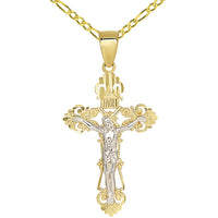 Load image into Gallery viewer, Solid 14K Two-Tone Gold Roman Catholic Cross Charm with Jesus INRI Crucifix Pendant with Figaro Necklace
