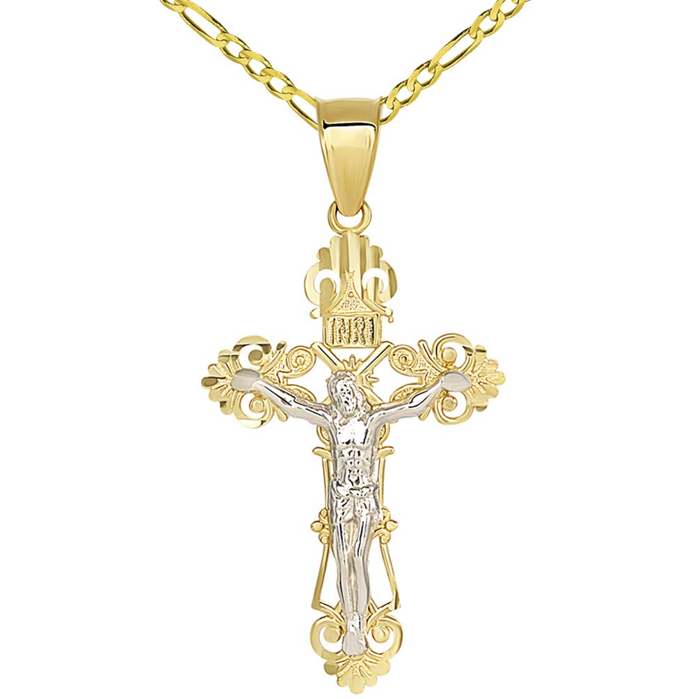 Solid 14K Two-Tone Gold Roman Catholic Cross Charm with Jesus INRI Crucifix Pendant with Figaro Necklace