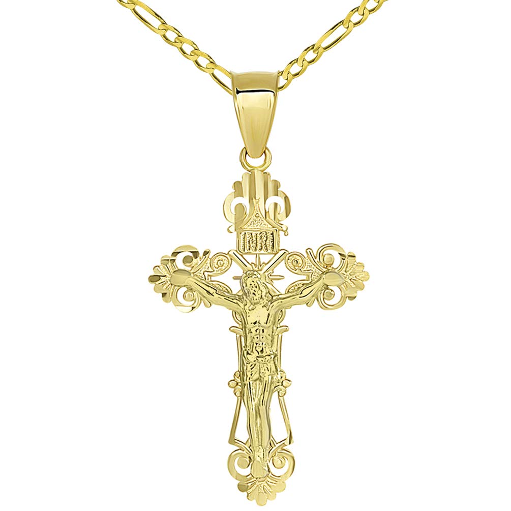 Solid 14K Yellow Gold Roman Catholic Cross Charm with Jesus INRI Crucifix Pendant with Figaro Necklace