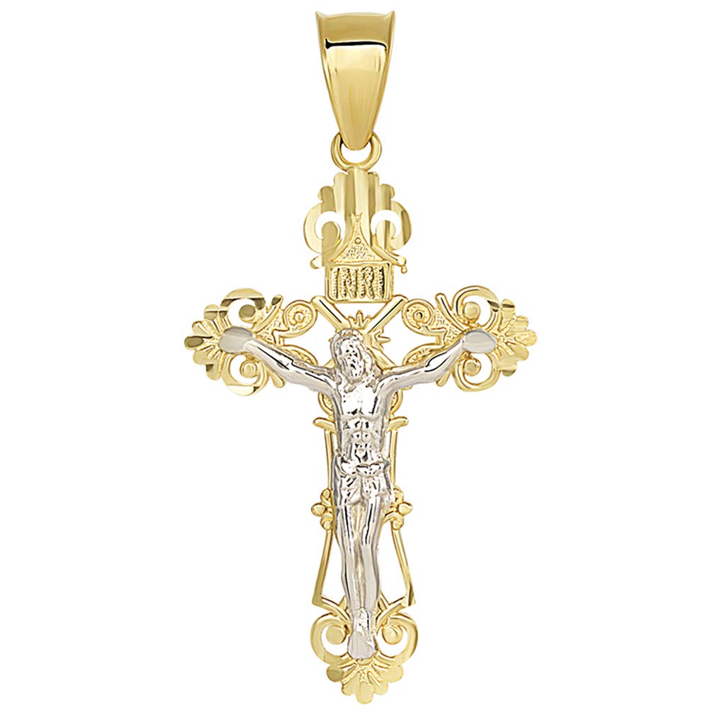 Solid 14K Two-Tone Gold Roman Catholic Cross Charm with Jesus INRI Crucifix Pendant