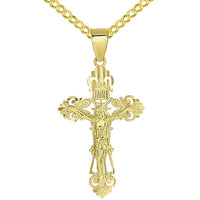 Load image into Gallery viewer, Solid 14K Yellow Gold Roman Catholic Cross Charm with Jesus INRI Crucifix Pendant with Cuban Necklace
