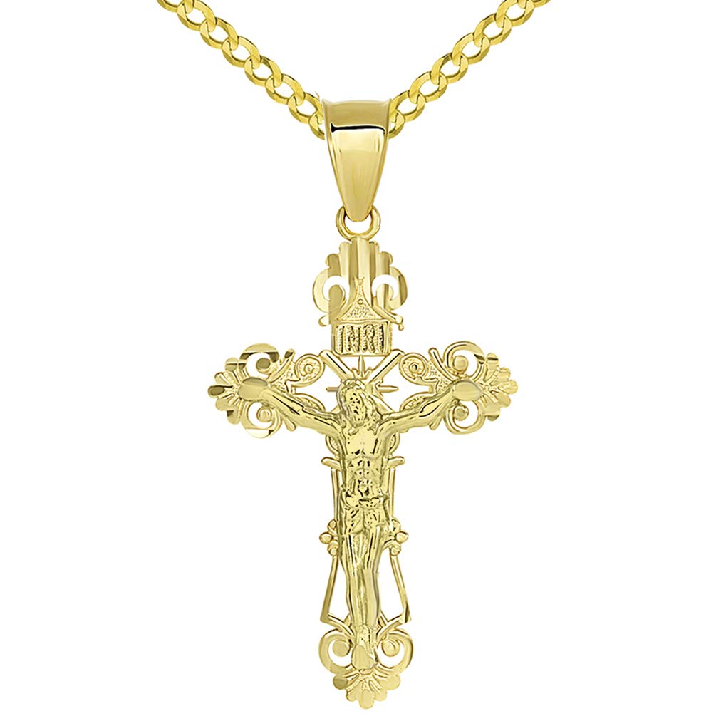 Solid 14K Yellow Gold Roman Catholic Cross Charm with Jesus INRI Crucifix Pendant with Cuban Necklace