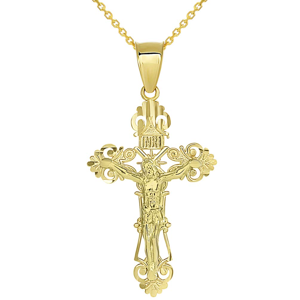Solid 14K Yellow Gold Roman Catholic Cross Charm with Jesus INRI Crucifix Pendant Necklace