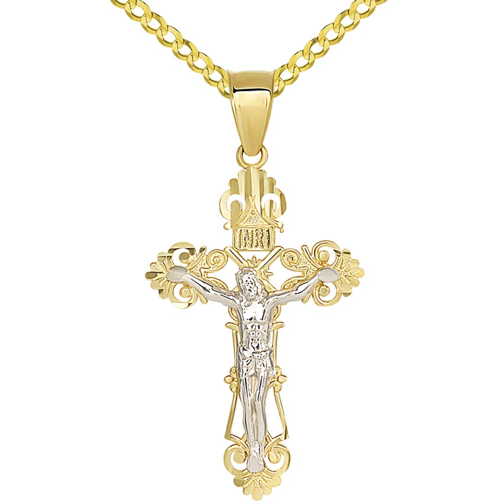 Solid 14K Two-Tone Gold Roman Catholic Cross Charm with Jesus INRI Crucifix Pendant with Cuban Necklace