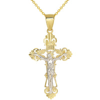 Load image into Gallery viewer, Solid 14K Two-Tone Gold Roman Catholic Cross Charm with Jesus INRI Crucifix Pendant Necklace
