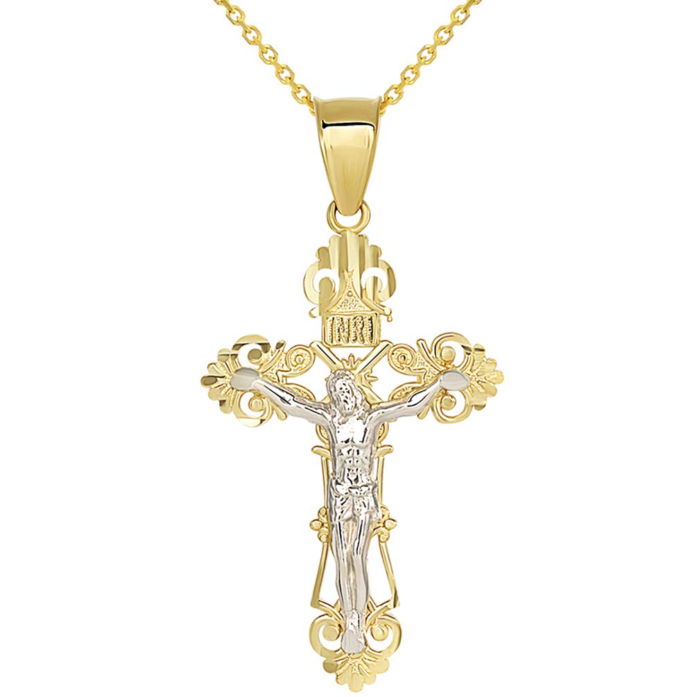 Solid 14K Two-Tone Gold Roman Catholic Cross Charm with Jesus INRI Crucifix Pendant Necklace