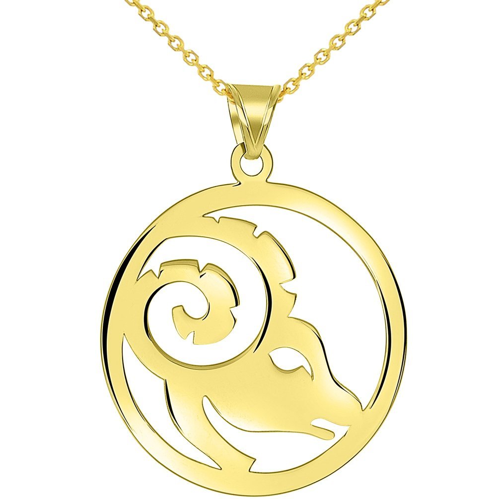 Solid 14k Yellow Gold Round Aries Zodiac Sign Cut-Out Ram Head Pendant Necklace