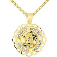 Load image into Gallery viewer, 14k Yellow Gold Round CZ Religious Our Lady of Guadalupe Mary Medal Charm Pendant Cuban Chain Necklace
