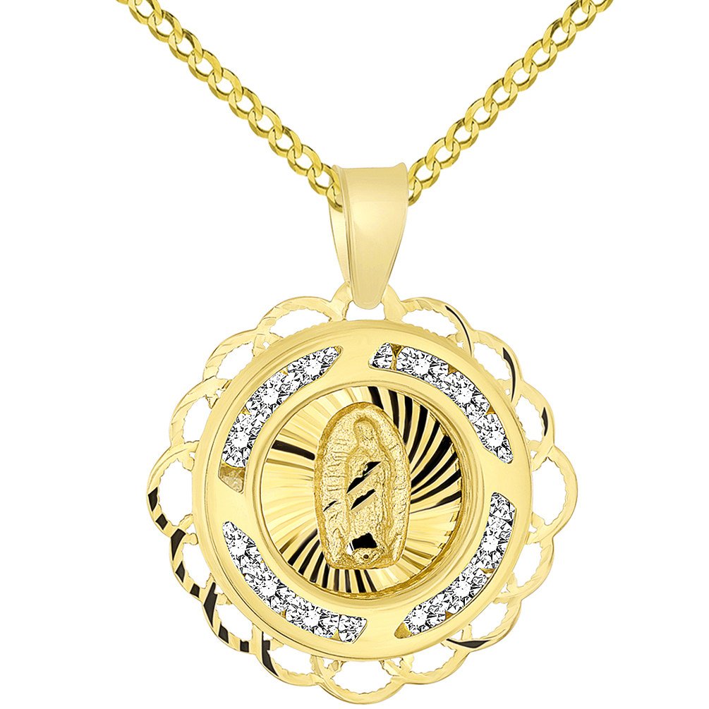 14k Yellow Gold Round CZ Religious Our Lady of Guadalupe Mary Medal Charm Pendant Cuban Chain Necklace