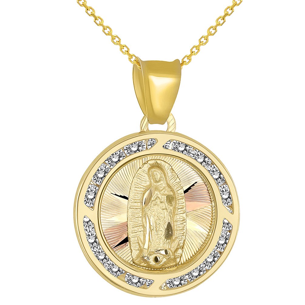 14k Yellow Gold Round CZ Religious Our Lady of Guadalupe Mary Medal Pendant Necklace