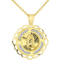 Load image into Gallery viewer, 14k Yellow Gold Round CZ Religious Our Lady of Guadalupe Mary Medal Charm Pendant Necklace
