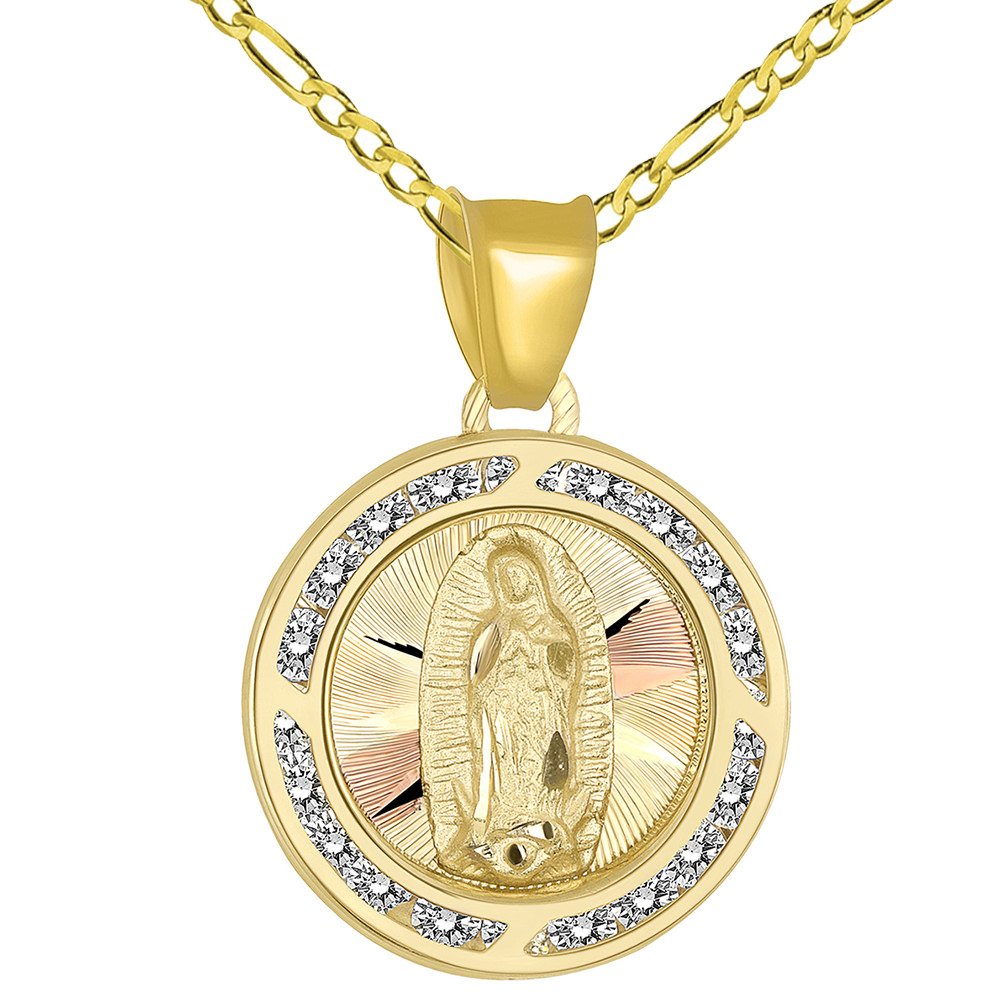 14k Yellow Gold Round CZ Religious Our Lady of Guadalupe Mary Medal Pendant Figaro Chain Necklace