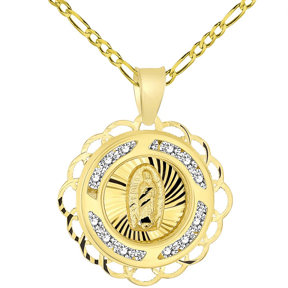 14k Yellow Gold Round CZ Religious Our Lady of Guadalupe Mary Medal Charm Pendant Figaro Chain Necklace