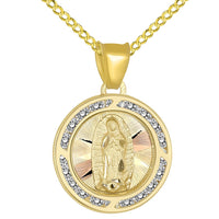 Load image into Gallery viewer, 14k Yellow Gold Round CZ Religious Our Lady of Guadalupe Mary Medal Pendant Cuban Chain Necklace
